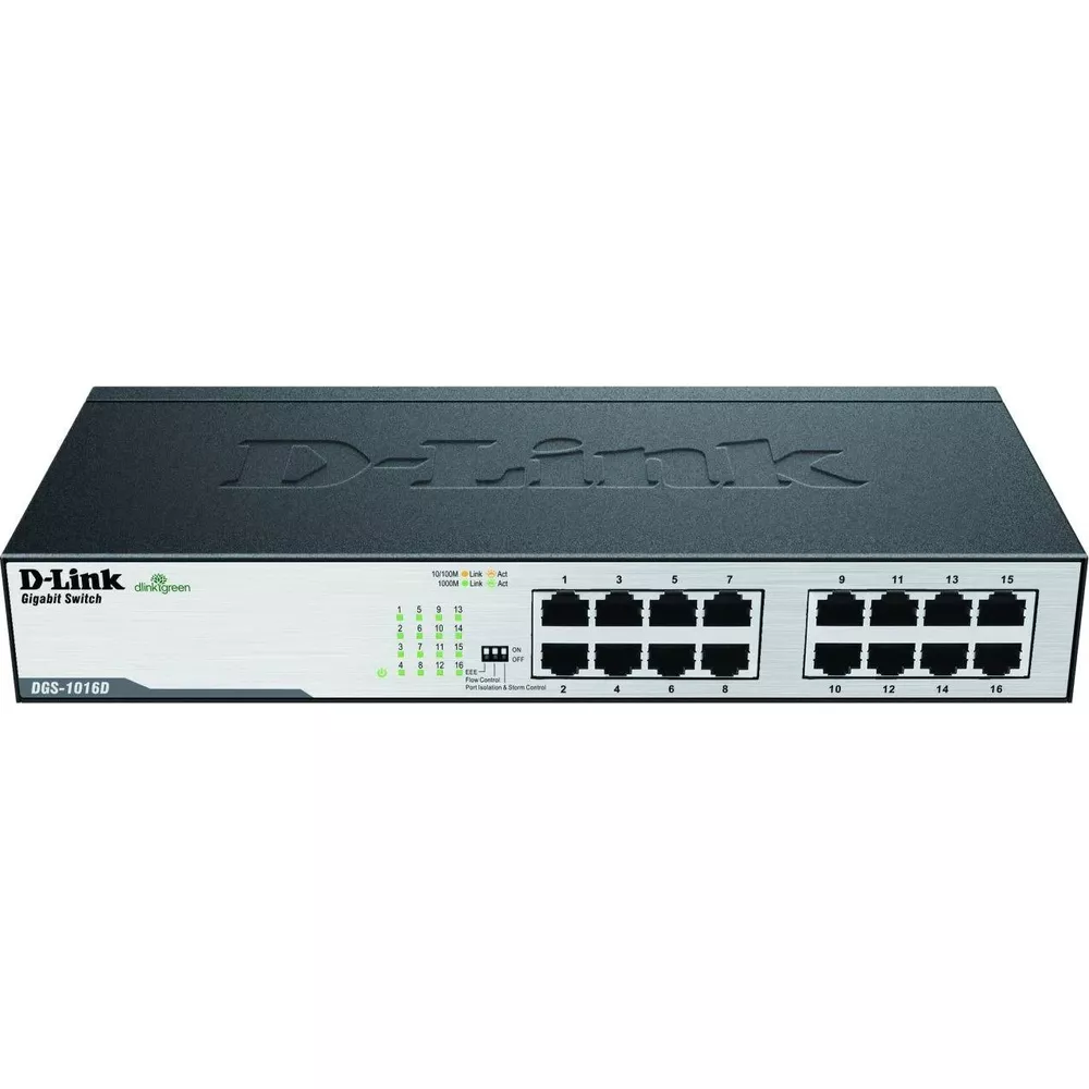 Uno switch Gigabit D-Link a 16 porte, nero e argento, con spie e etichette.