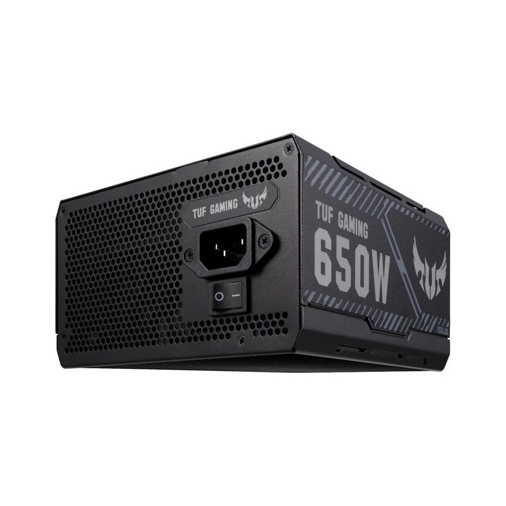 Zwarte voeding met TUF GAMING 650W opschrift en ventilatierooster.