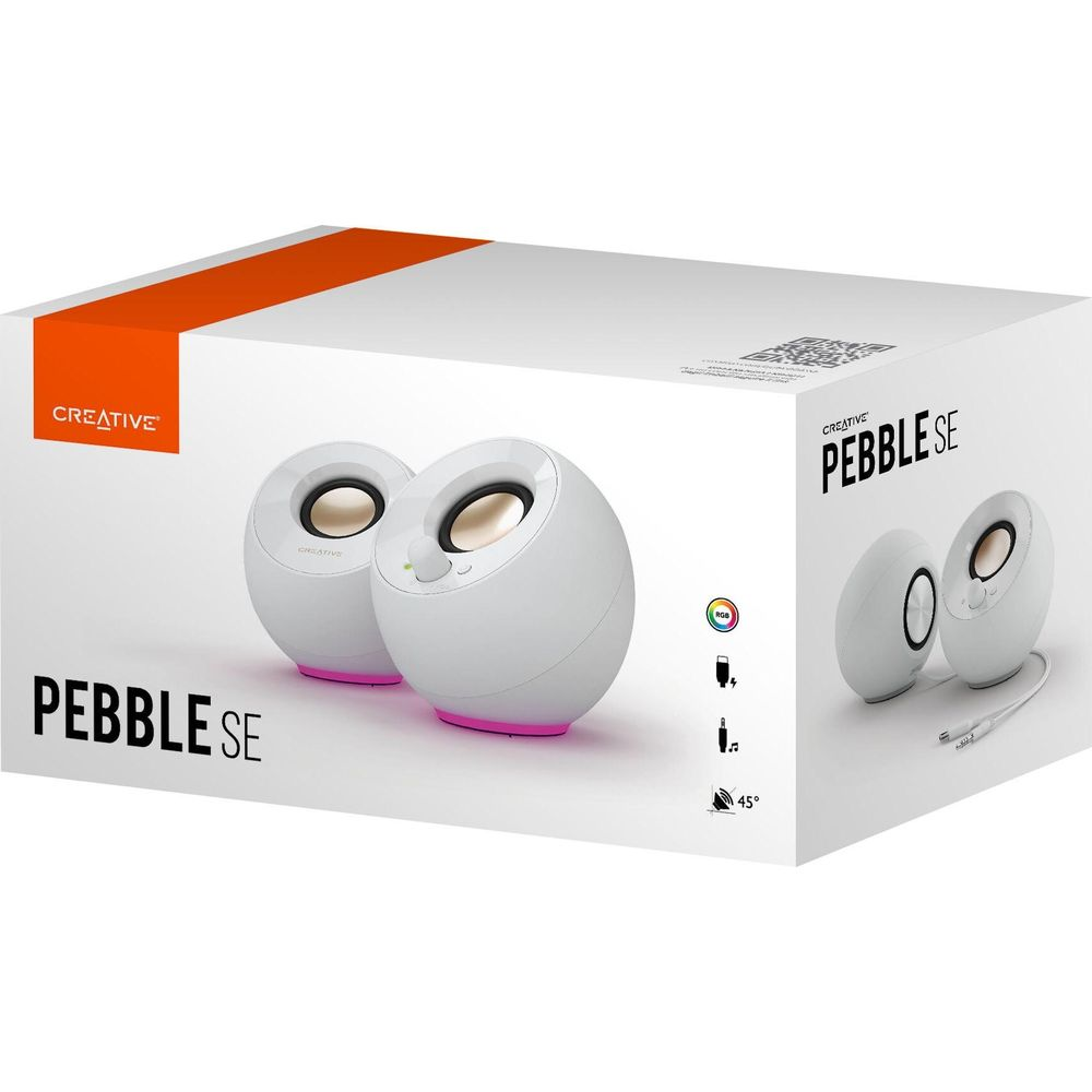 Altoparlanti bianchi Creative Pebble SE su una scatola di cartone.