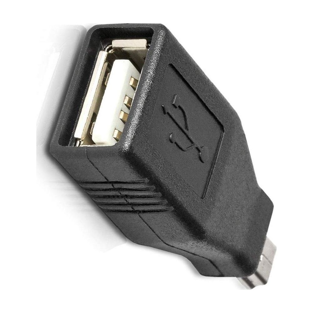 Un adattatore USB nero con connettore bianco e contatti metallici.