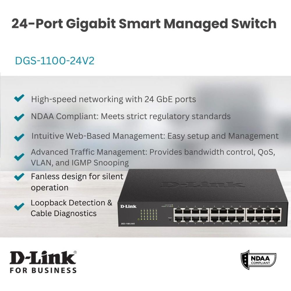 Uno switch Gigabit DGS-1100-24V2 nero con 24 porte.