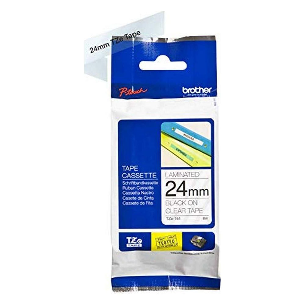 Brother TZe 24mm Bandkassette, schwarz auf transparent, laminiert.