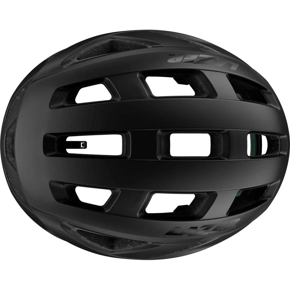 Schwarzer Fahrradhelm mit Belüftungsöffnungen und dem Lazer-Logo.
