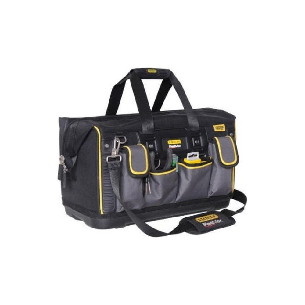Borsa porta attrezzi nera con accenti gialli, multiple tasche esterne e manici.