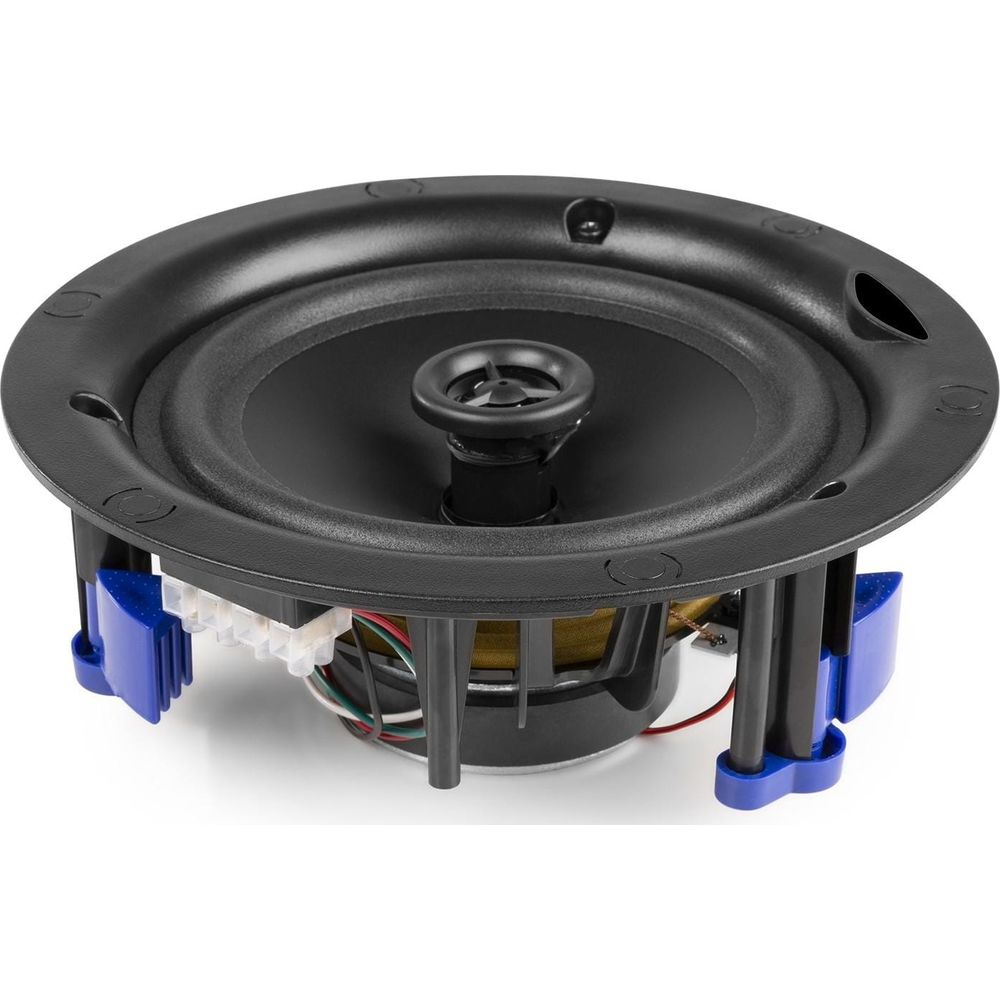 Un altavoz redondo con cesta negra y clips azules.