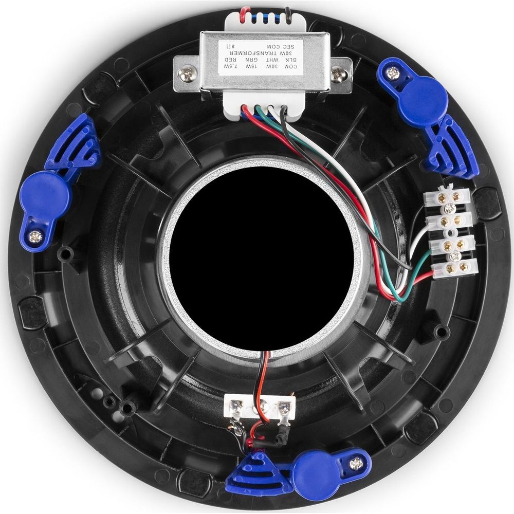 Un altavoz con transformador, cables y terminales sobre fondo negro.