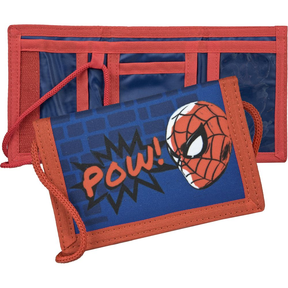 Blauwe portemonnee met Spiderman-design en rode rand. "POW!"-tekst.