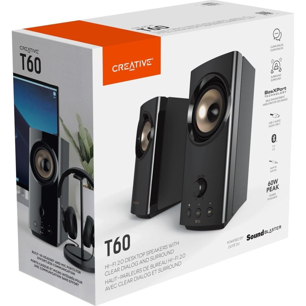 Scatola altoparlanti Creative T60 con altoparlanti e cuffie. Include USB-C e 60W.