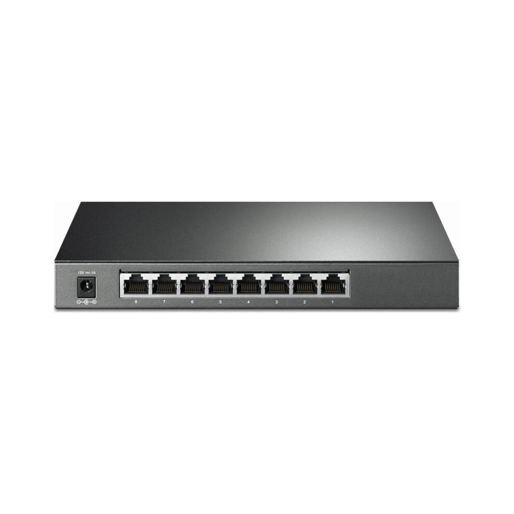 Ein grauer Netzwerk-Switch mit acht Anschlüssen und einem Netzteilanschluss.