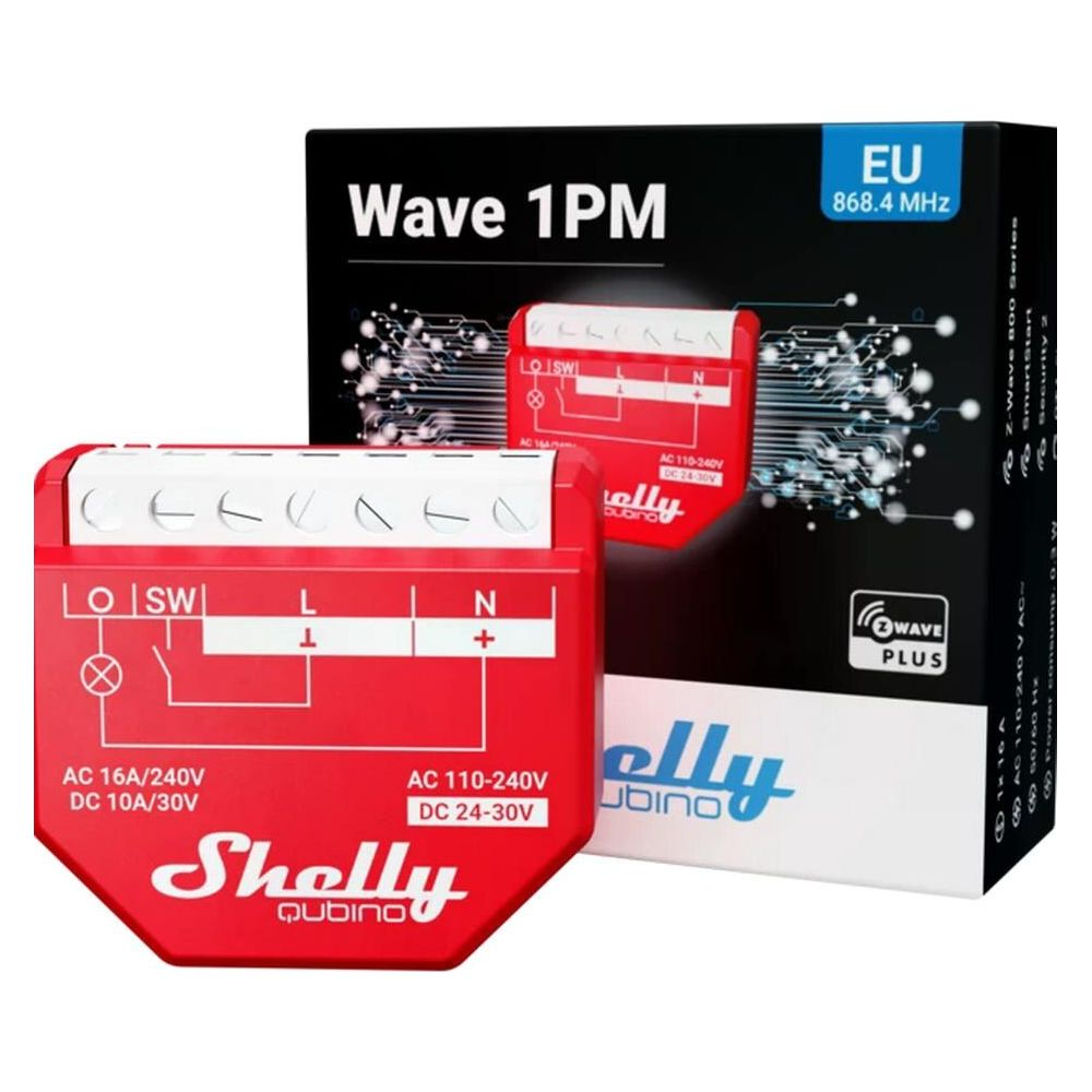 Dispositivo rojo Shelly Wave 1PM con diagrama de cableado y caja.