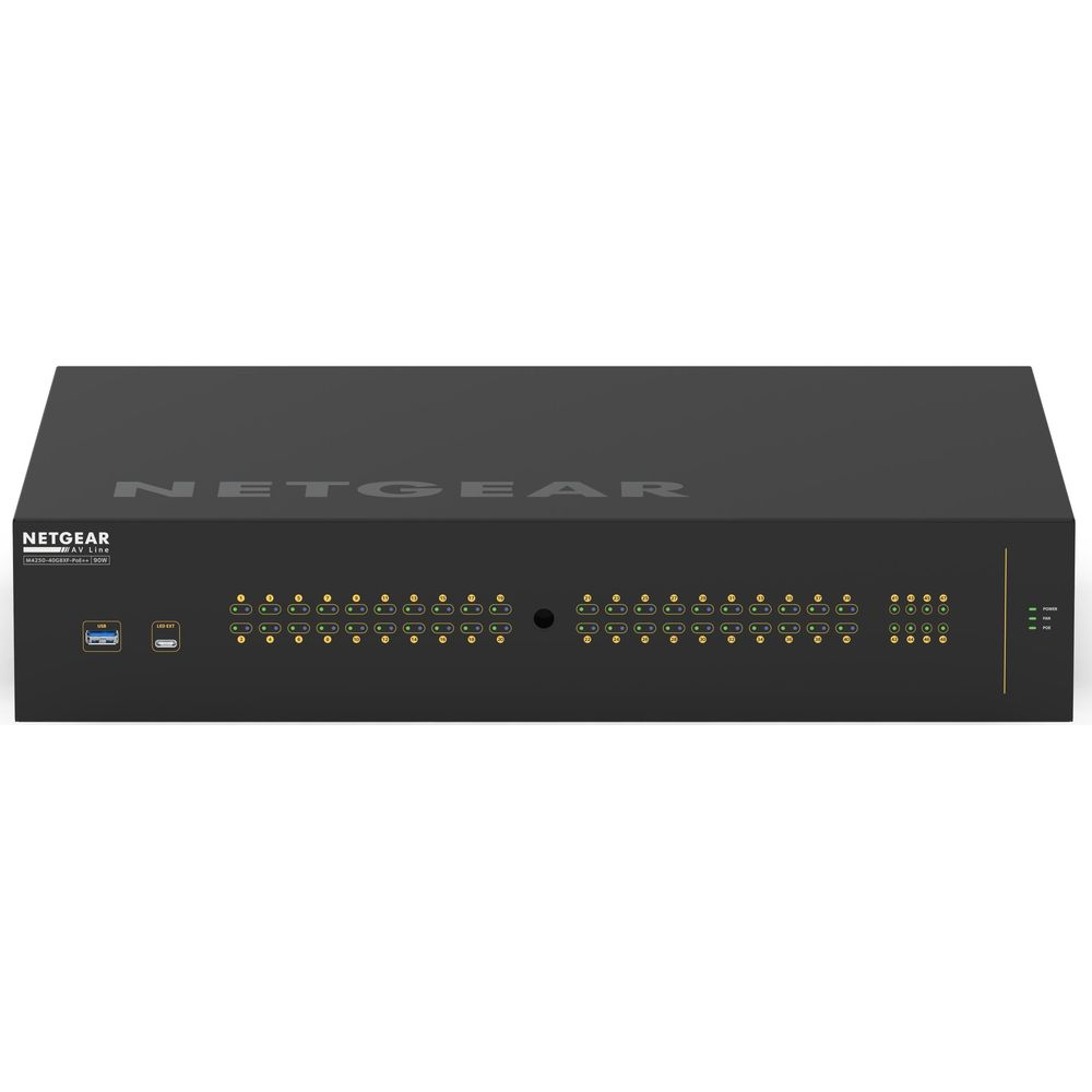 Dispositivo Netgear AV Line nero con molte porte e LED.