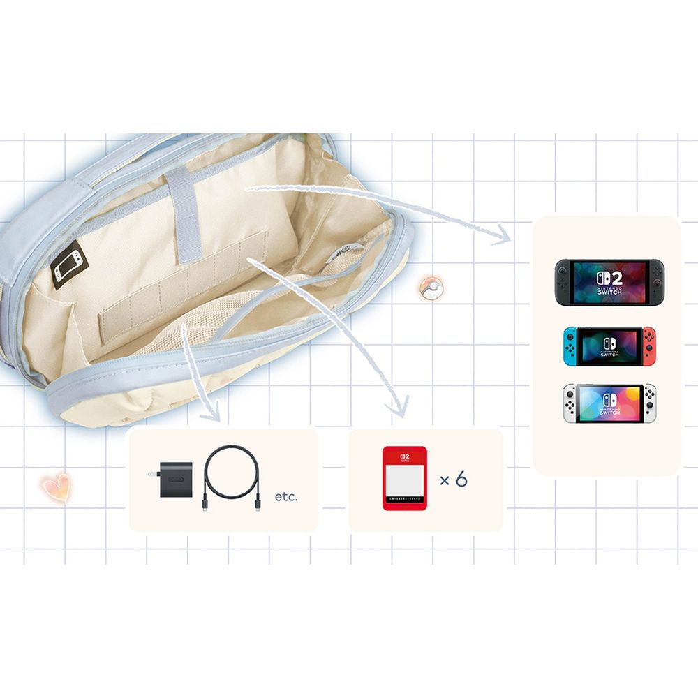 Una bolsa azul claro con compartimentos, junto a un adaptador de corriente, cable y estuche.