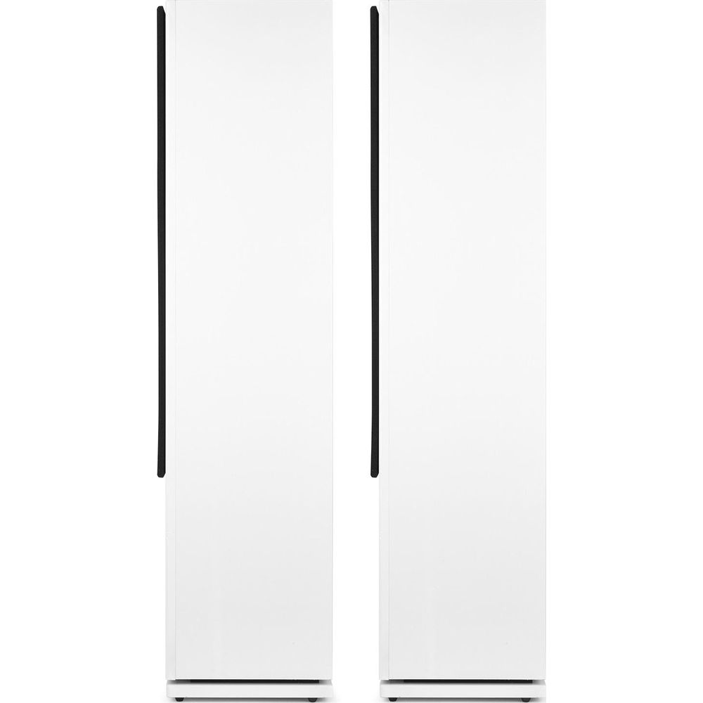 Dos altavoces blancos uno al lado del otro sobre fondo blanco.