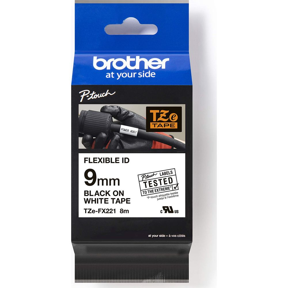 Nastro flessibile Brother P-Touch TZe-FX221 9mm nero su bianco.