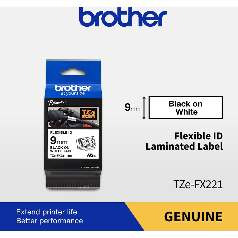 Nastro etichette flessibile Brother P-touch TZe-FX221 9mm nero su bianco.