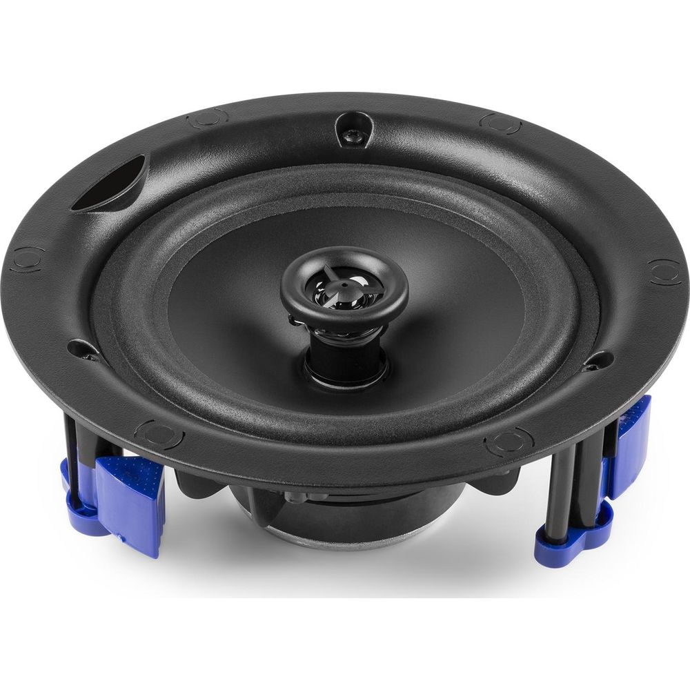 Un altavoz redondo negro para techo con clips de montaje azules.