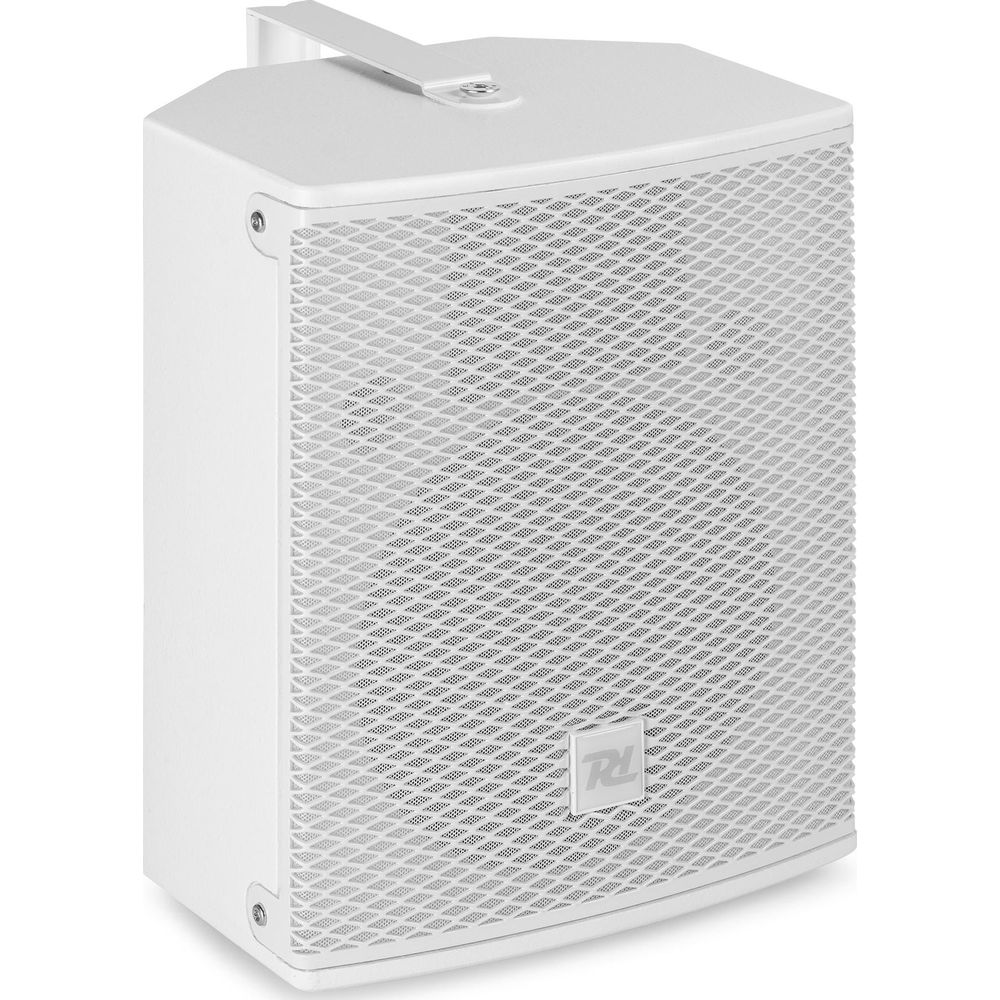Un altavoz blanco con rejilla y logo.