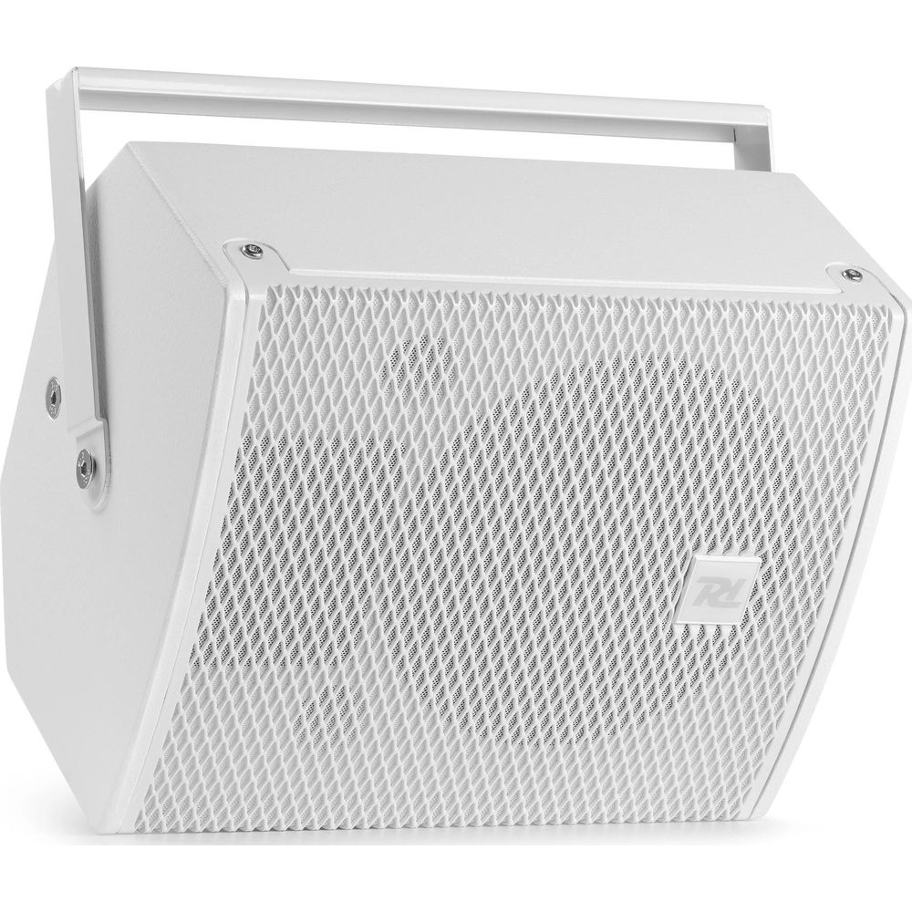 Un altavoz blanco con rejilla y asa.