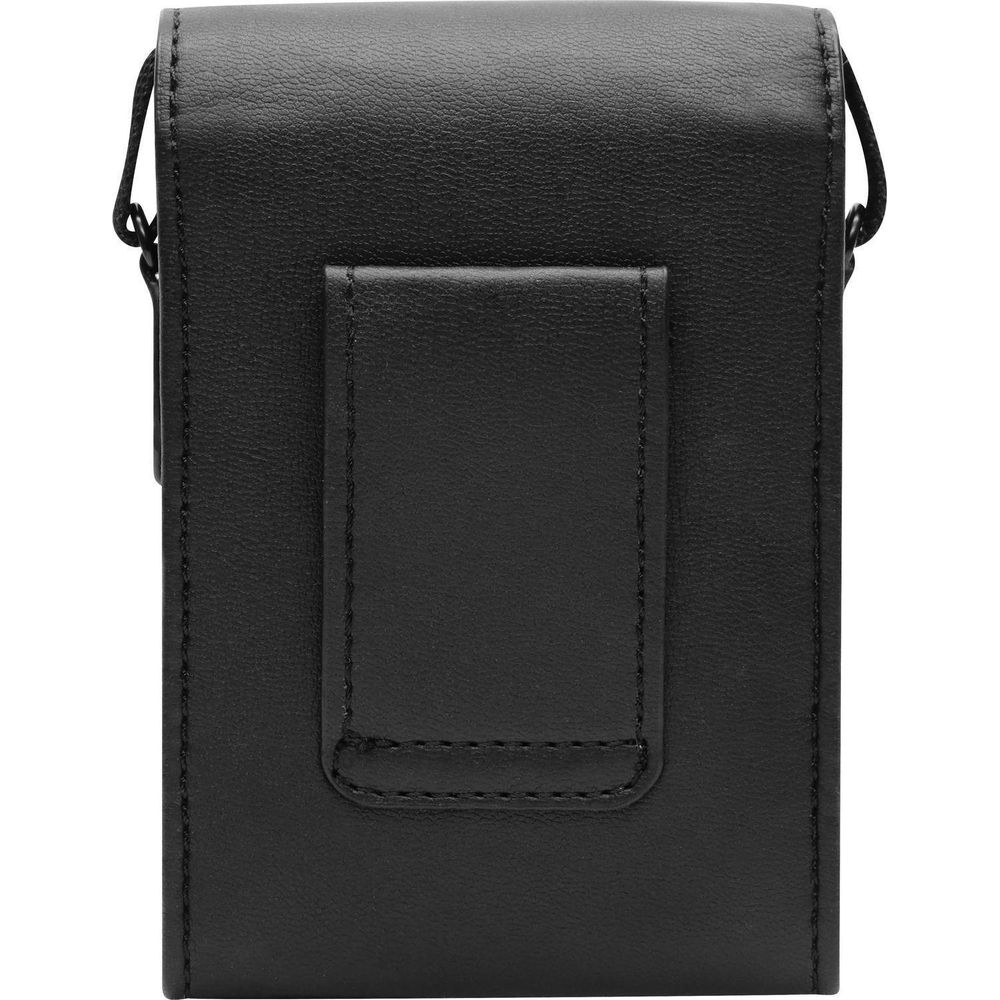 Black leather pouch with belt loop, close-up view.