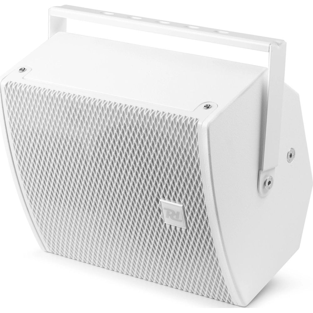 Un altavoz blanco con rejilla y asa. Logo RL en el frontal.