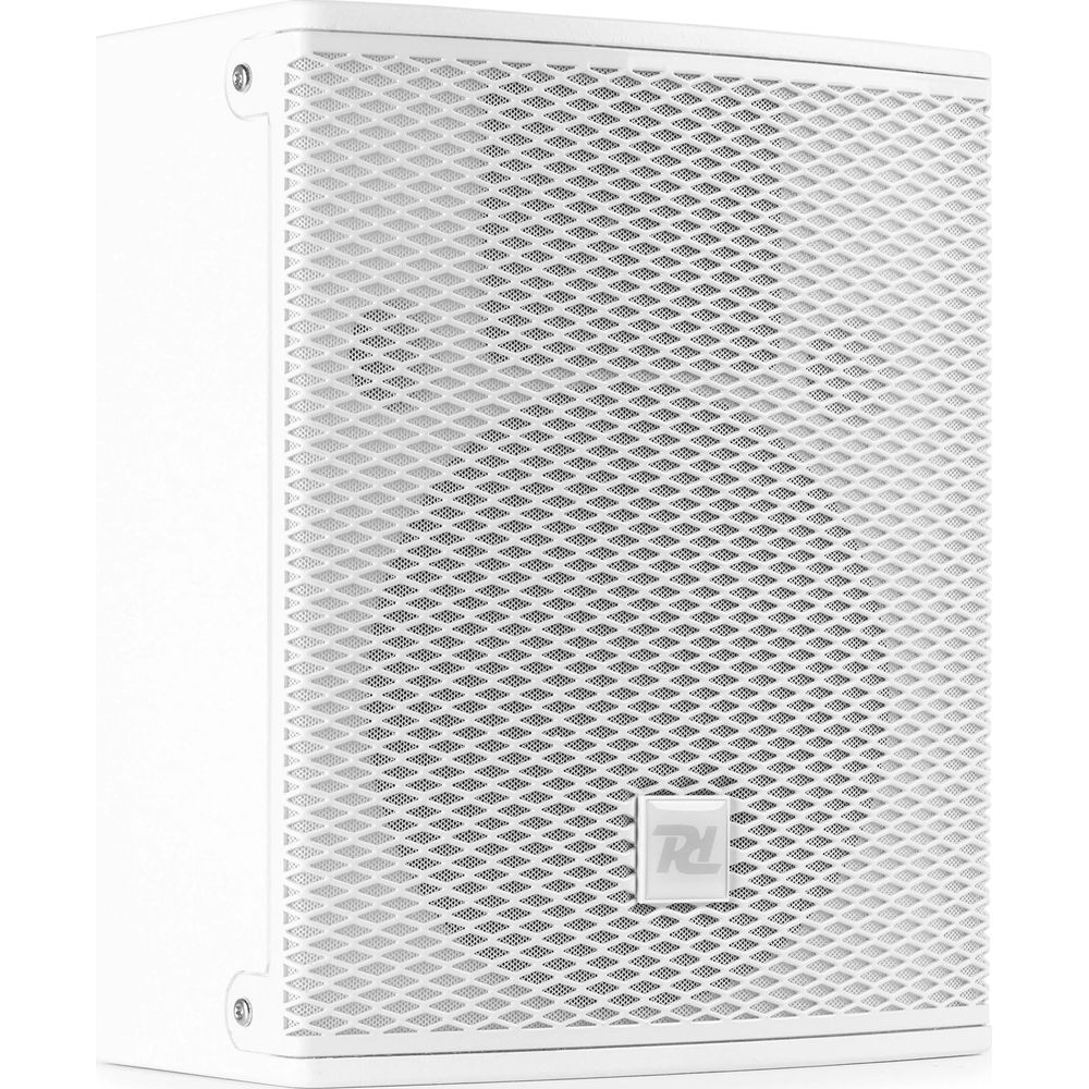 Un altavoz blanco con cubierta de rejilla y un logo.
