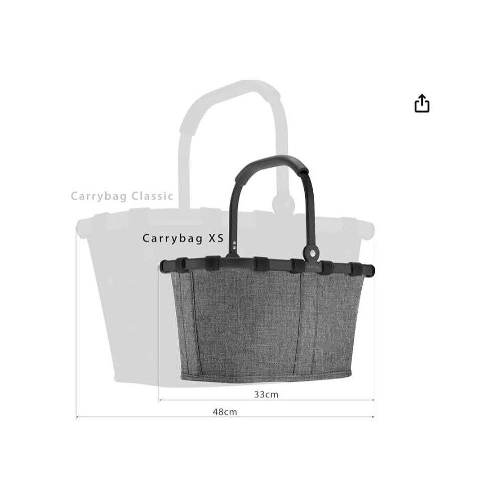 Grauer Einkaufskorb mit schwarzem Griff, Größenangaben 33cm und 48cm.