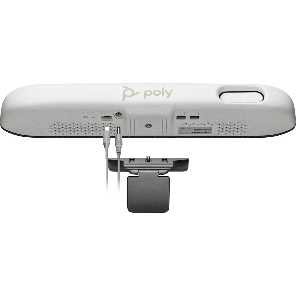 Parte trasera de un dispositivo Poly blanco con cámara y cables conectados.