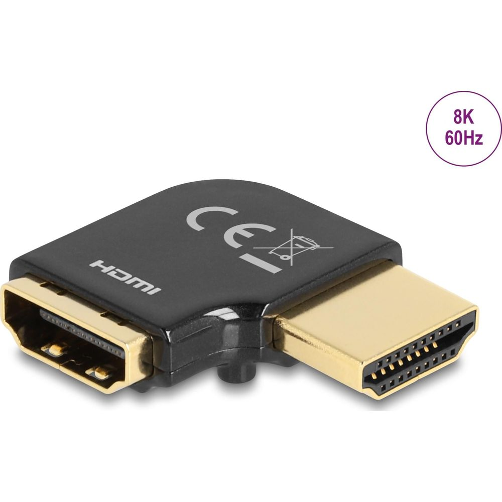 Un adaptador HDMI negro con marca 8K 60Hz y símbolo CE.