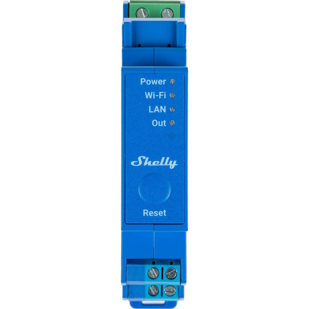 Niebieski przełącznik Shelly z etykietami Power, Wi-Fi, LAN, Out i Reset.