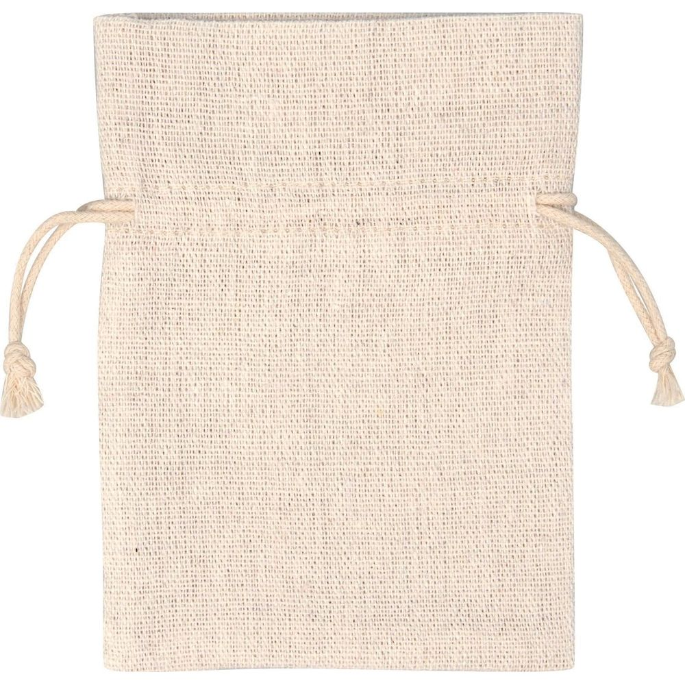 Mała, kremowa torba z tkaniny z zamknięciem na sznurek na górze.