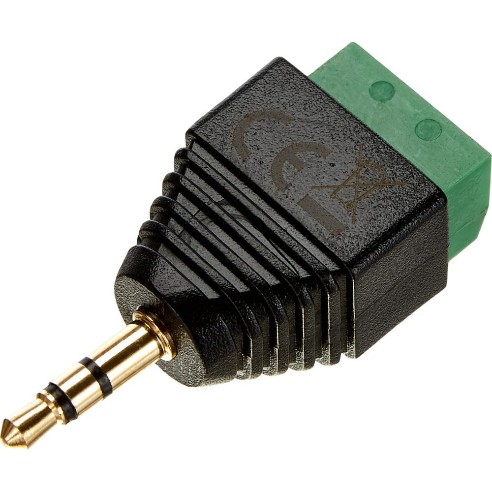 Czarny adapter audio jack 3,5 mm z zielonym zaciskiem śrubowym.