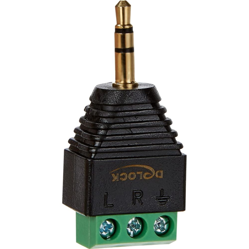 Czarny adapter z wtykiem jack 3,5 mm i zaciskami śrubowymi L, R i uziemienia.