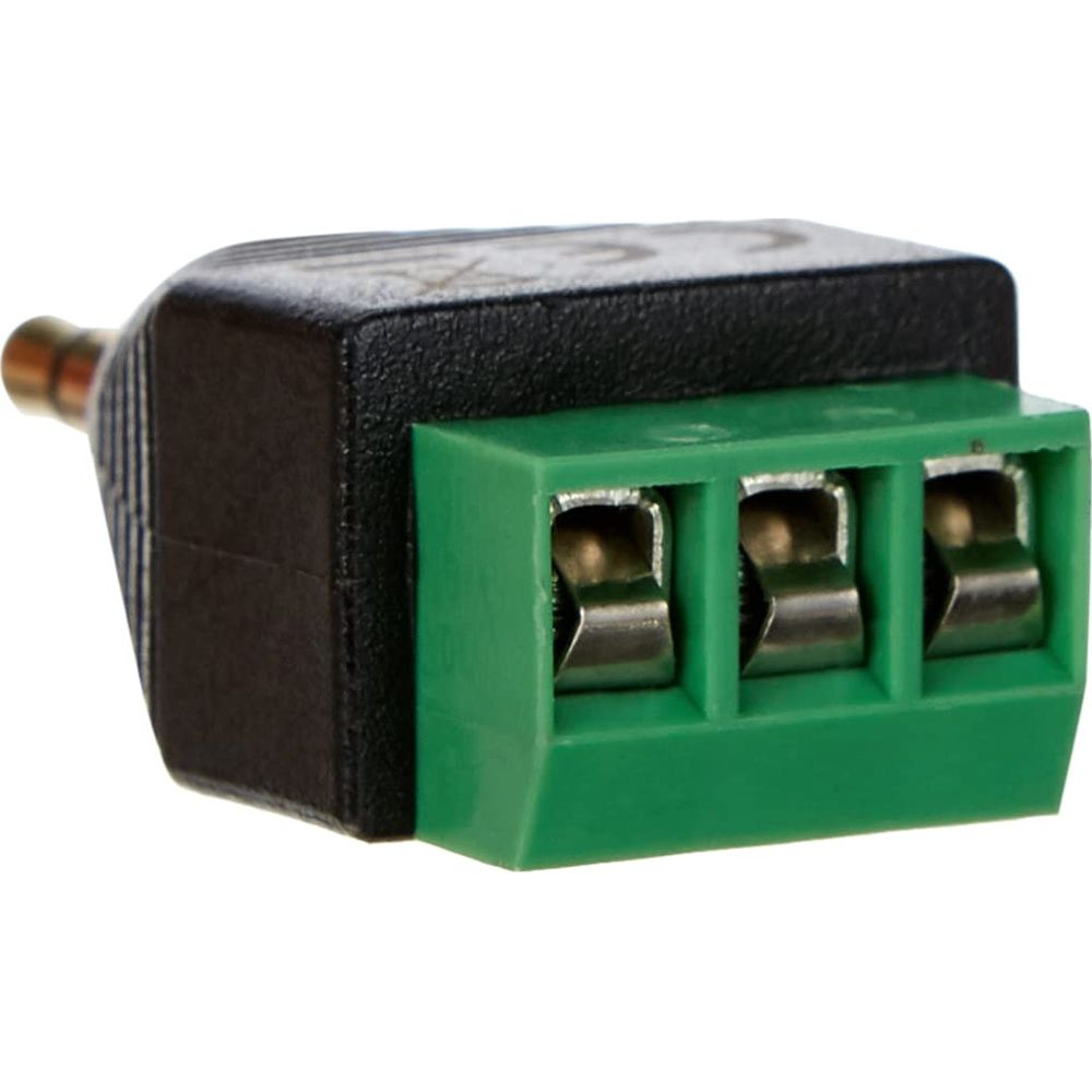 Czarna wtyczka z zielonym blokiem zacisków i trzema srebrnymi zaciskami śrubowymi.
