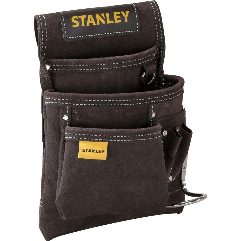 Bolsa de herramientas Stanley marrón con múltiples bolsillos y costuras.