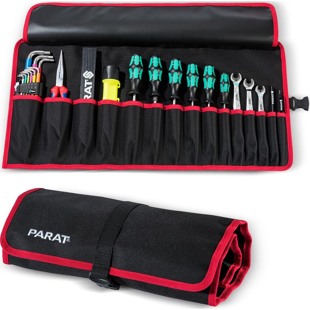 Czarna rolka na narzędzia z czerwonym obszyciem, otwarta, pokazująca klucze, śrubokręty, szczypce i klucze imbusowe.