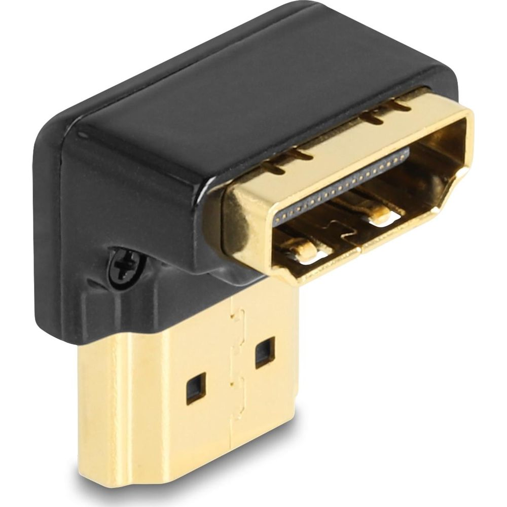 Un adaptador HDMI acodado negro con conectores dorados.