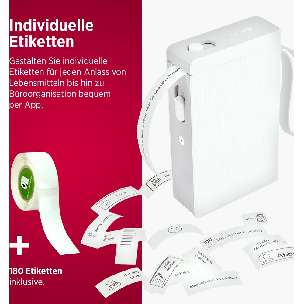 Ein Olympia Etikettendrucker mit Etikettenrolle und bedruckten Etiketten.