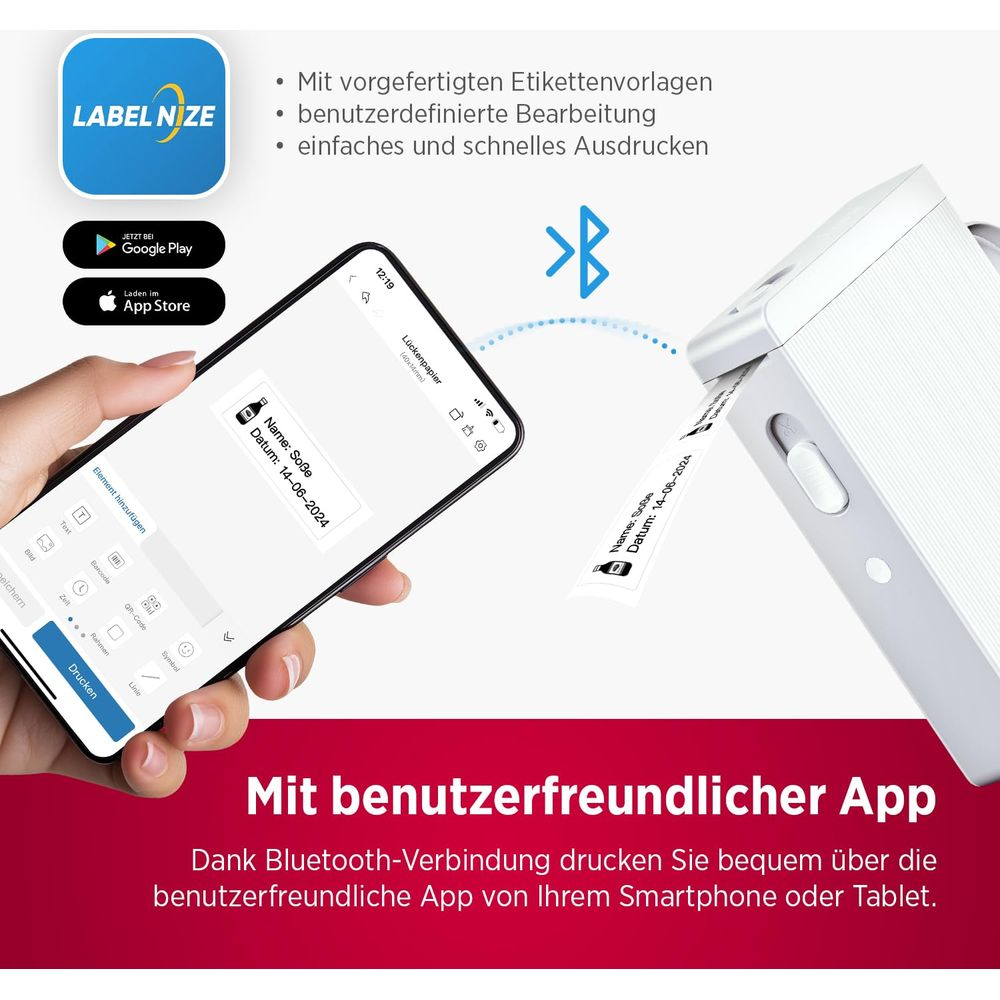 Ein Smartphone mit einer Etikettier-App verbindet sich per Bluetooth mit einem weißen Etikettendrucker.