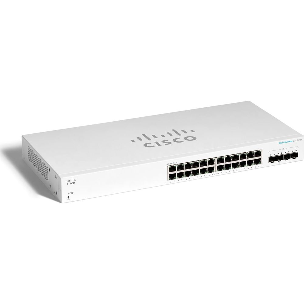 Biały przełącznik Cisco Business 220 z wieloma portami Ethernet.