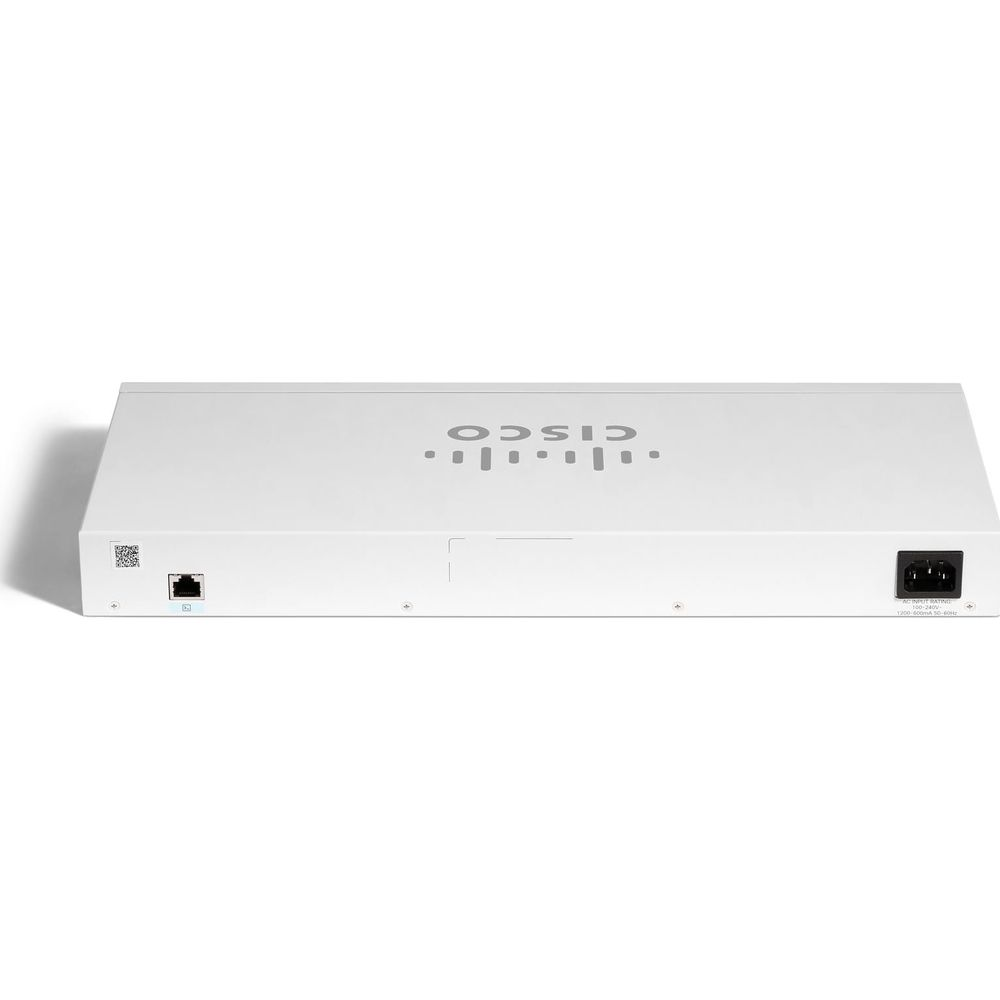 Białe urządzenie Cisco z gniazdem zasilania i portem Ethernet.