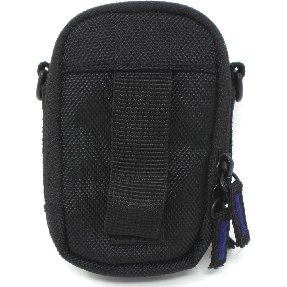 Piccola pochette in tessuto nero con cerniera e accenti blu.