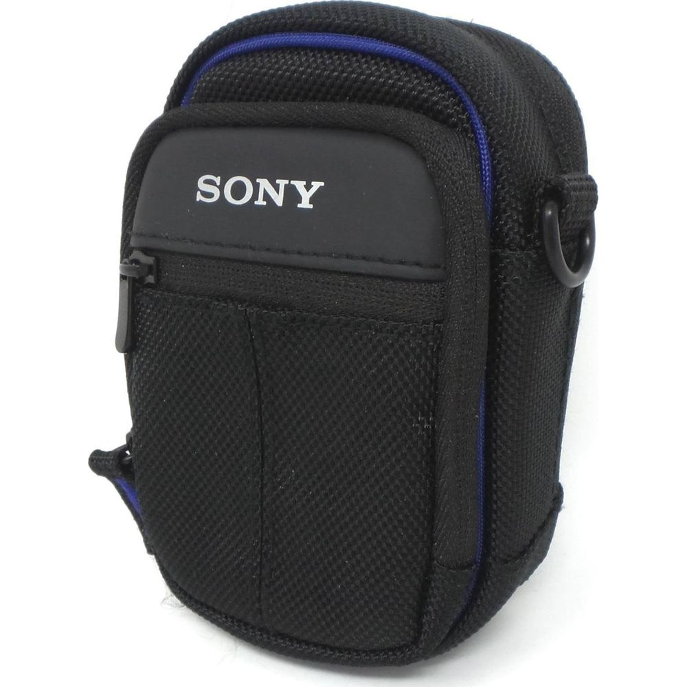 Borsa nera per fotocamera Sony con bordo blu e cerniera.
