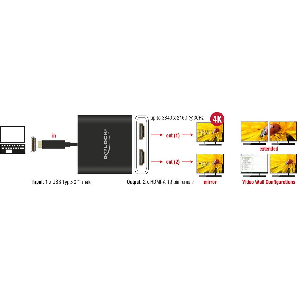 USB-C zu 2x HDMI Adapter für 4K@30Hz. Zeigt Spiegel/Erweitert/Video Wall.