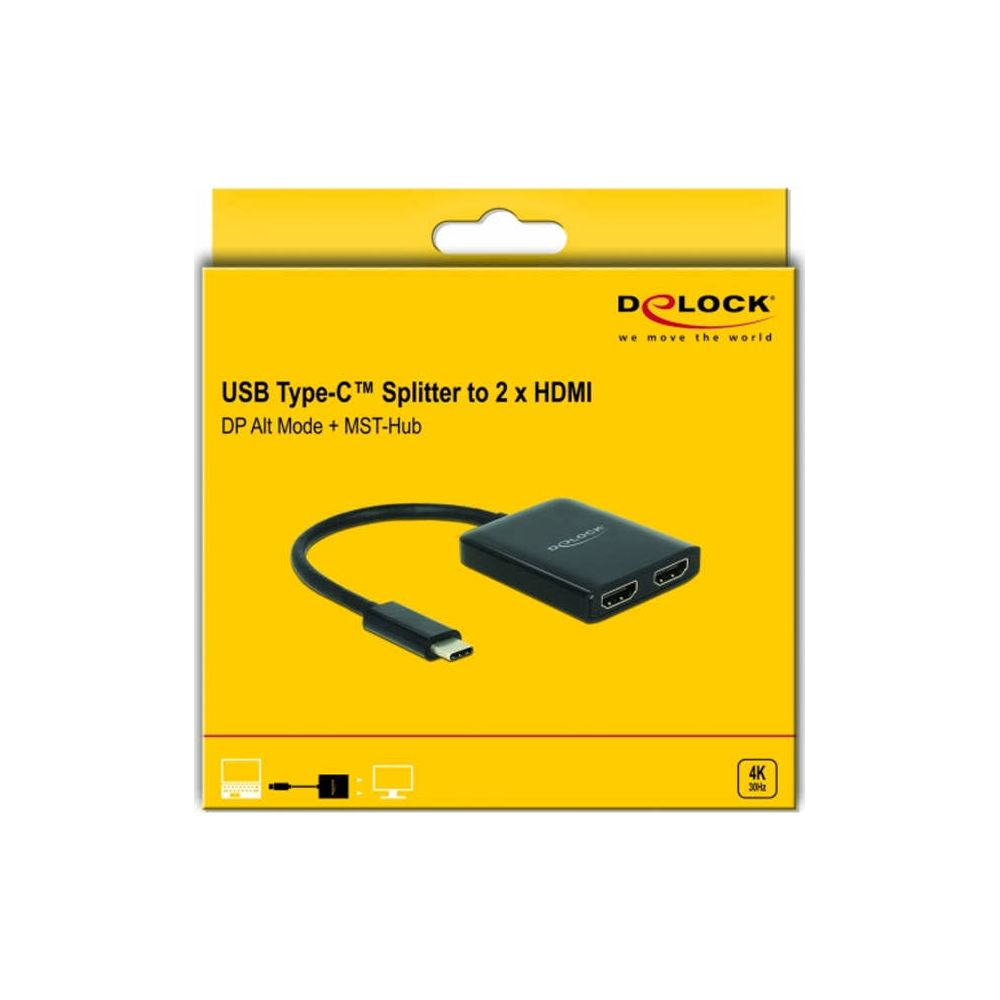USB-C Splitter mit zwei HDMI-Anschlüssen, schwarz, mit Kabel.