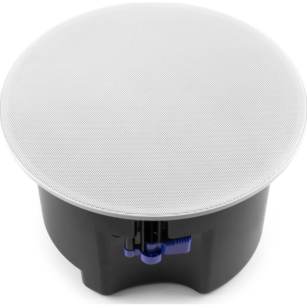 Rejilla redonda blanca para altavoz en carcasa negra con abrazaderas azules.