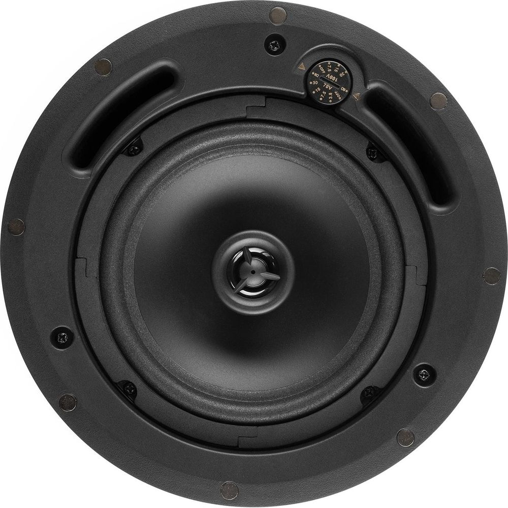 Altavoz de techo redondo negro con rejilla negra y dial plateado.