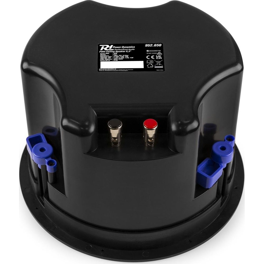 Parte trasera de altavoz de techo negro con terminales rojo y negro y clips azules.
