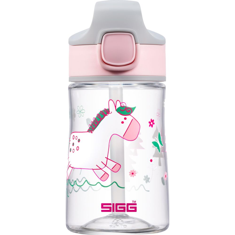 Eine transparente Trinkflasche mit rosa und grauen Deckel, verziert mit einem weißen Einhorn.