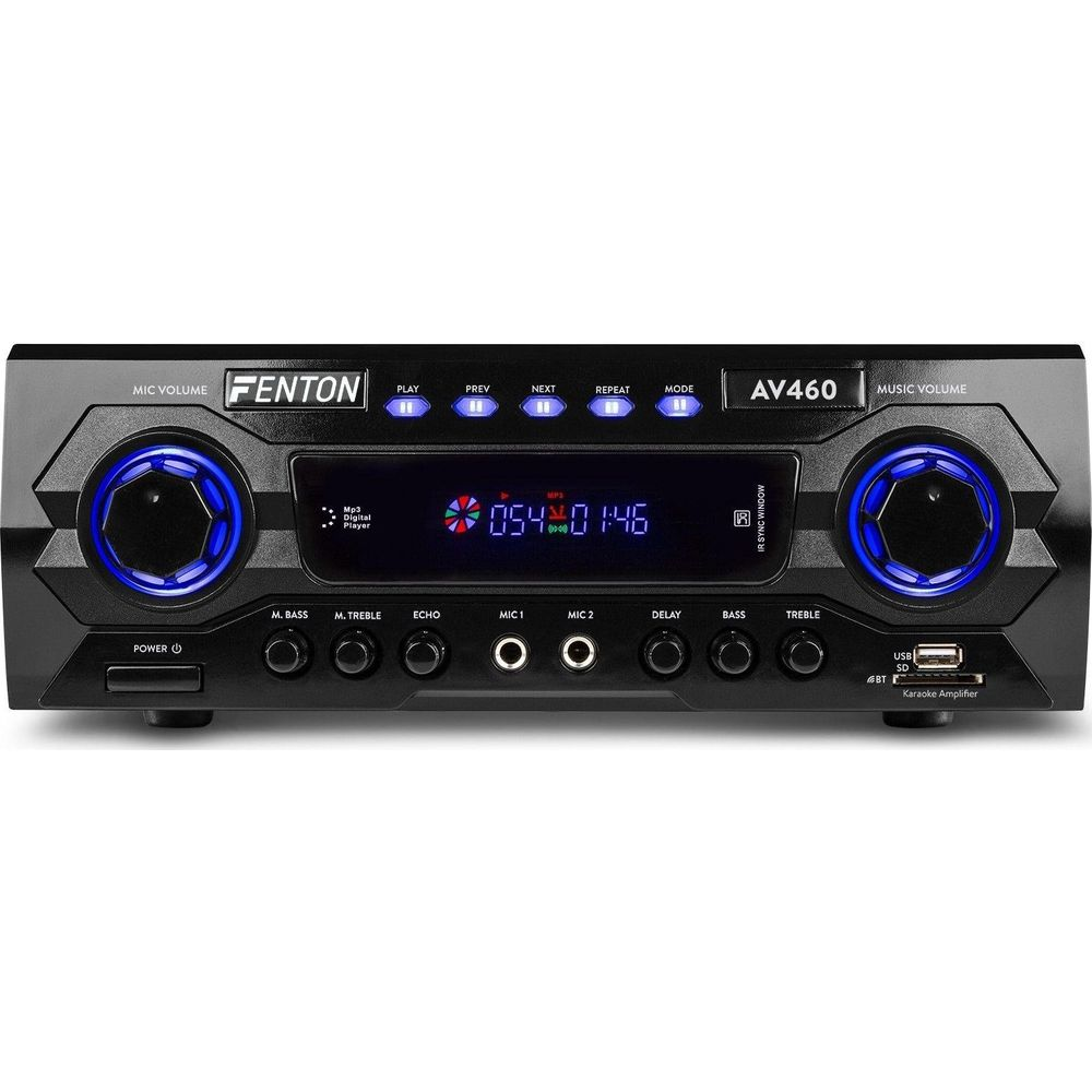 Schwarz FENTON AV460 Karaoke Verstärker mit blauen Lichtern und Knöpfen.