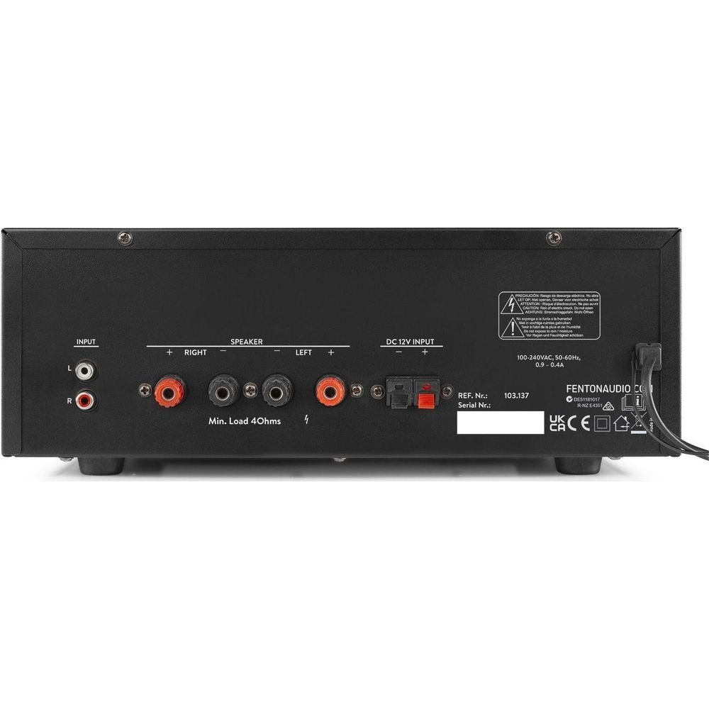 Rückseite eines schwarzen Verstärkers mit Anschlüssen: Input, Speaker L/R, DC 12V.